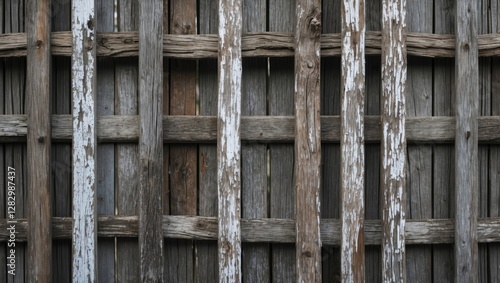 Weathered wooden fence with peeling paint and rustic texture in a selective focus composition showcasing aged craftsmanship.