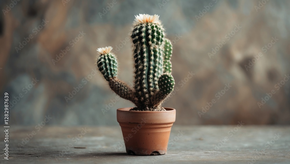 Small flowering cactus in a terracotta pot isolated against a textured background perfect for interior design and gardening themes. Small flowering cactus in a terracotta pot isolated against a textured background perfect for interior design and gardening themes.