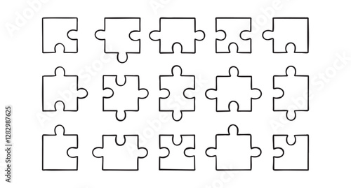 puzzle pieces doodle hand drawn icon set. Outline drawing puzzle pieces line clipart symbol collection