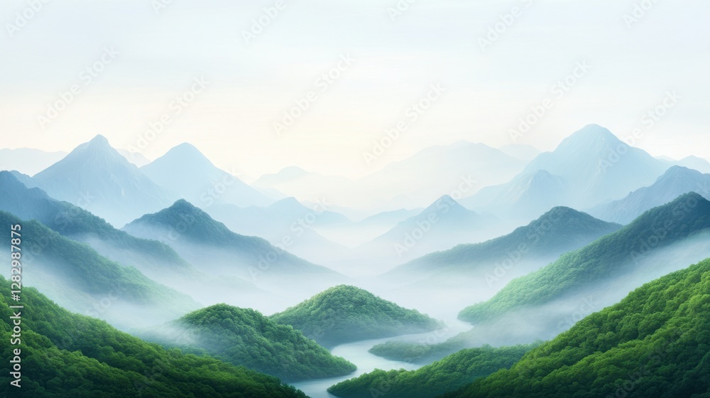 Fototapeta premium Serene mountains shrouded in mist, with lush greenery and a winding river, creating a tranquil, picturesque landscape.
