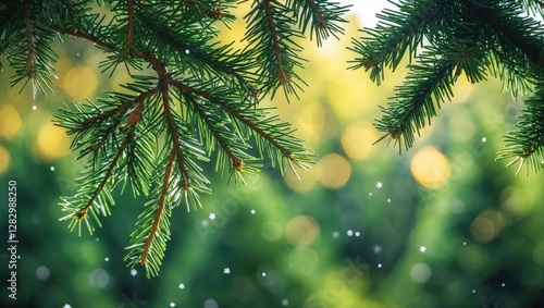 Christmas tree branches with spruce needles against a blurred green background creating a bokeh effect ideal for festive card designs.