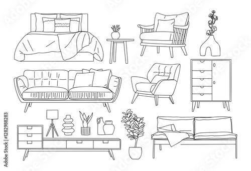 Collection of elegant modern furniture and home interior decorations in trendy Minimalist Scandinavian style hand drawn line art black sketch on white background. Monochrome vector illustration.