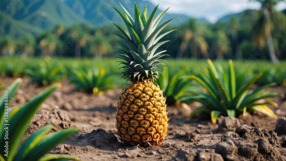 Pineapple growing in a lush agricultural field with mountains in the background under bright daylight Pineapple growing in a lush agricultural field with mountains in the background under bright daylight