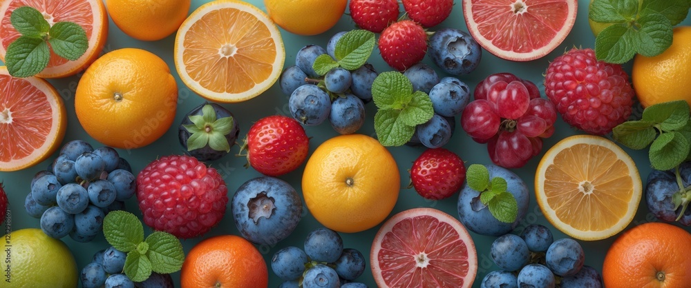 Assorted fresh fruits including oranges, grapefruits, blueberries, raspberries, and mint leaves on a blue background. Assorted fresh fruits including oranges, grapefruits, blueberries, raspberries, and mint leaves on a blue background.