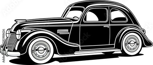 black and white old model car hand drawn vector image with PNG Transparent background