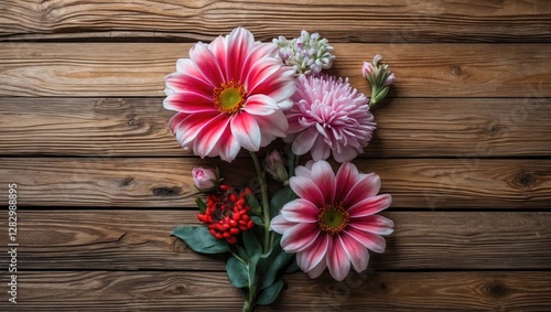 Pink flowers arrangement on wooden background with green leaves and small buds in natural light setting.
