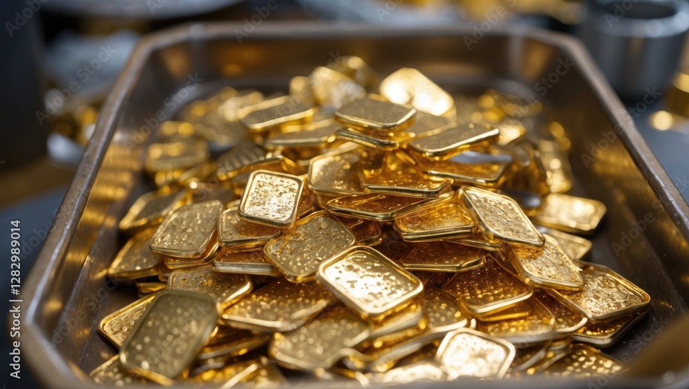 Golden ingots stacked in a metal tray showcasing wealth and luxury, ideal for finance or jewelry-related concepts. Golden ingots stacked in a metal tray showcasing wealth and luxury, ideal for finance or jewelry-related concepts.