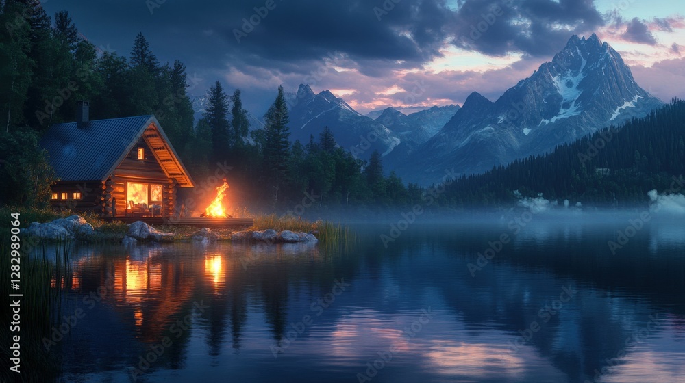 Fototapeta premium Lakeside Cabin Fire Mountain Scenery Evening