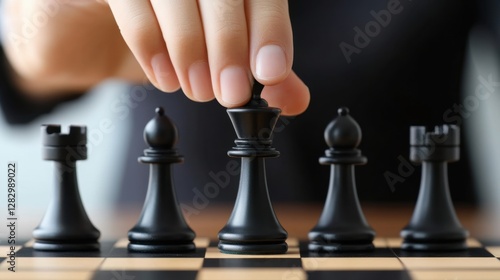 A hand moves a black queen piece forward on a chessboard with other black pieces in the background. photo