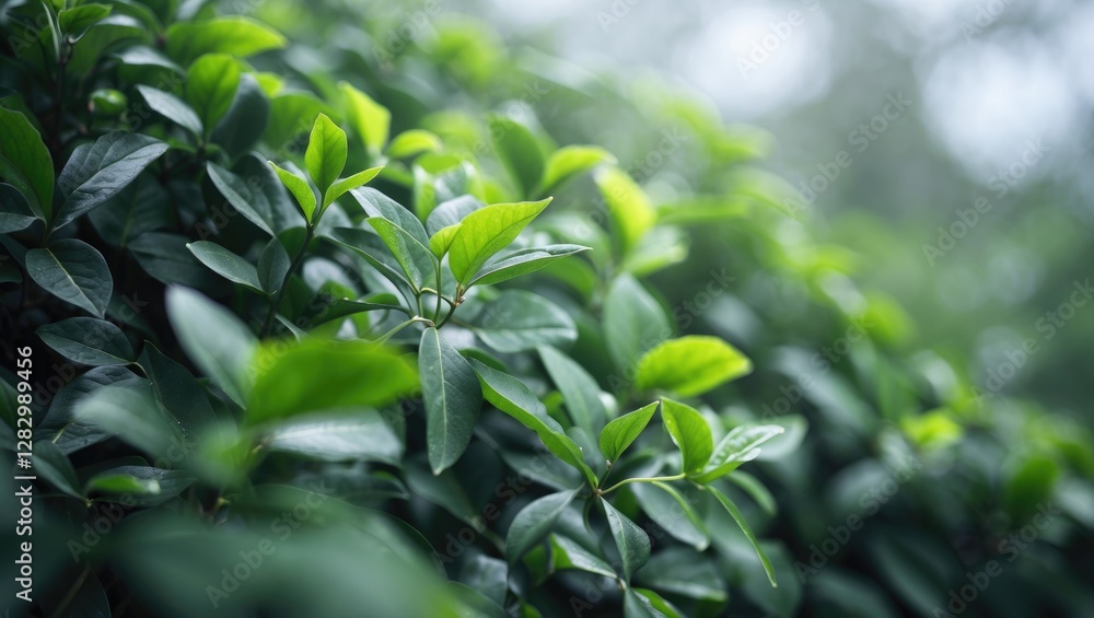 Green tea leaves close-up in lush environment with soft focus background depicting natural freshness and vibrant foliage. Green tea leaves close-up in lush environment with soft focus background depicting natural freshness and vibrant foliage.