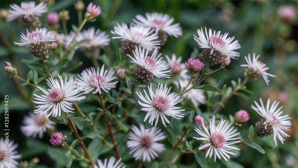 Close-up of white heath aster flowers in the garden showcasing delicate petals and vibrant greenery with selective focus for artistic detail. Close-up of white heath aster flowers in the garden showcasing delicate petals and vibrant greenery with selective focus for artistic detail.