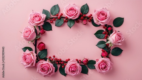 Fototapeta Naklejka Na Ścianę i Meble -  Pink roses arranged in a rectangular frame on a light pink background with green leaves and red berries for decoration