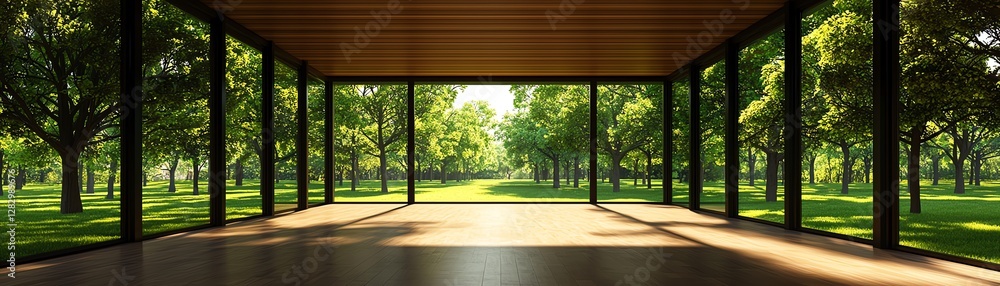 Spacious interior with panoramic view of a serene green landscape. Spacious interior with panoramic view of a serene green landscape.