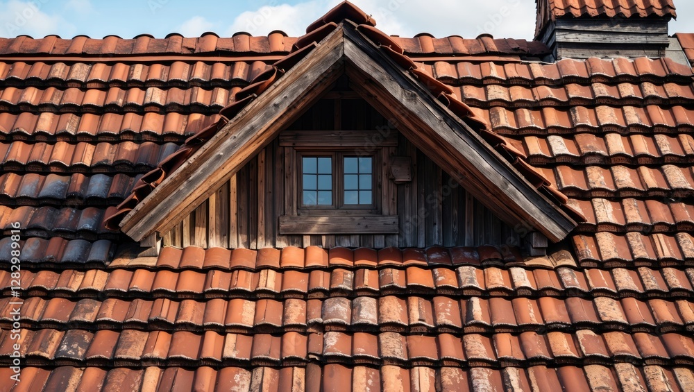 roof structure with terracotta tiles and wooden gable window in residential building under blue sky roof structure with terracotta tiles and wooden gable window in residential building under blue sky