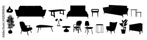 Set of home furniture silhouettes. Interior design icons for living room, bedroom. Armchairs, sofas, tables, chairs, chest of drawers, bed. Vector illustrations isolated