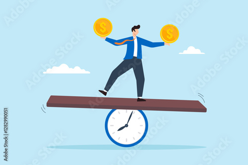 Flat illustration businessman investor balance money on clock seesaw symbolizing time value of money
