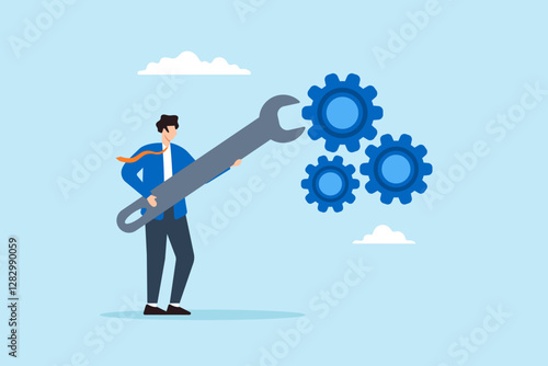 Flat illustration businessman hold wrench to adjust cogwheel symbolizing optimization for business improvement