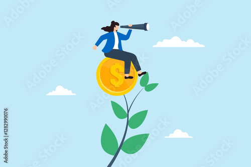 Flat illustration woman look through telescope at money plant with coin flower representing investment growth