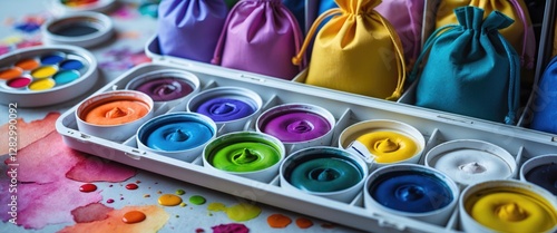 Colorful watercolor paints in round bags organized in a white case surrounded by vibrant paint splashes creating an artistic ambiance. photo