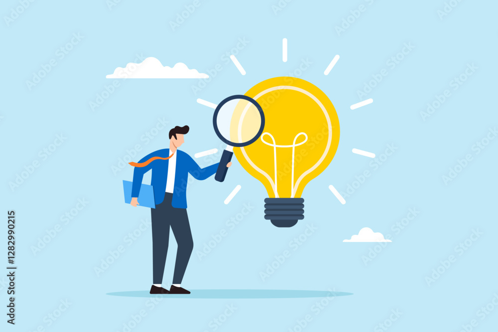 Flat illustration businessman analyze glowing lightbulb idea with magnifier checking and validate business viability Flat illustration businessman analyze glowing lightbulb idea with magnifier checking and validate business viability