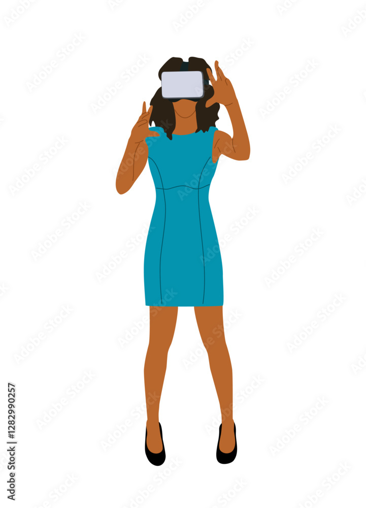 Beautiful woman in virtual reality headset. Young woman in dress wearing digital glasses travel in metaverse. Modern technologies. Flat Vector illustration isolated Beautiful woman in virtual reality headset. Young woman in dress wearing digital glasses travel in metaverse. Modern technologies. Flat Vector illustration isolated