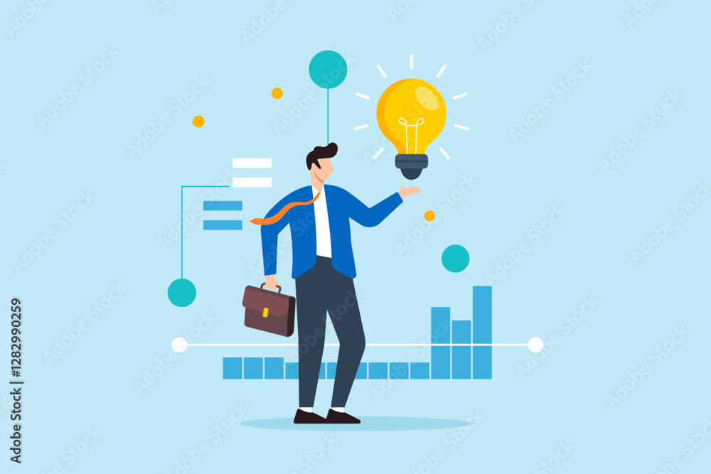 Flat illustration businessman hold glowing lightbulb with data pattern symbolizing business intelligence for decision making Flat illustration businessman hold glowing lightbulb with data pattern symbolizing business intelligence for decision making