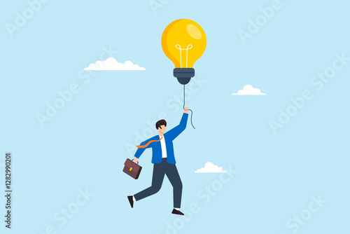 Flat illustration smart businessman fly with glowing lightbulb idea to catch star representing creativity and innovation