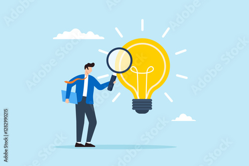 Flat illustration businessman analyze glowing lightbulb idea with magnifier checking and validate business viability