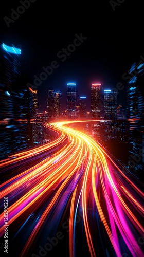 Vivid light trails illuminate a modern city skyline at night.