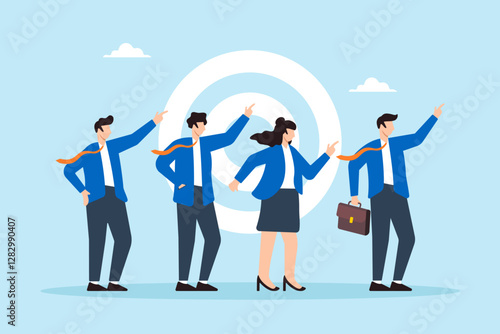 Flat illustration business people point toward same goal symbolizing share value in company culture
