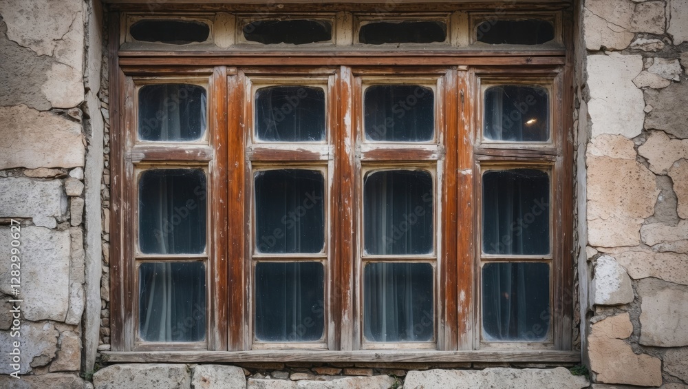 Rustic wooden window with traditional craftsmanship set against a stone wall showcasing vintage architecture and historical charm. Rustic wooden window with traditional craftsmanship set against a stone wall showcasing vintage architecture and historical charm.