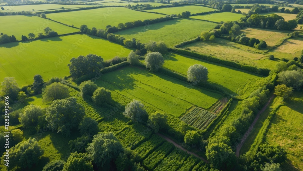 Fototapeta premium Aerial view of lush green fields and farmland showcasing a picturesque rural landscape with trees and crop patterns.