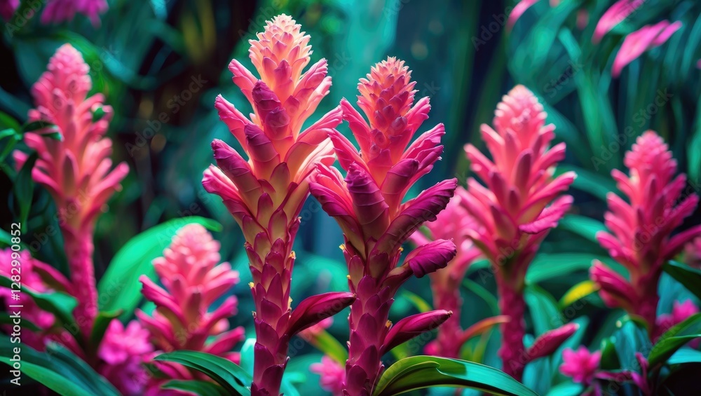 Vibrant tropical pink ginger blooms surrounded by lush green foliage in a botanical garden setting Vibrant tropical pink ginger blooms surrounded by lush green foliage in a botanical garden setting