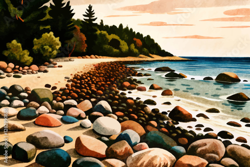 tropical beach with beautiful stones and palm trees at sunset time landscape abstract cartoon illustration