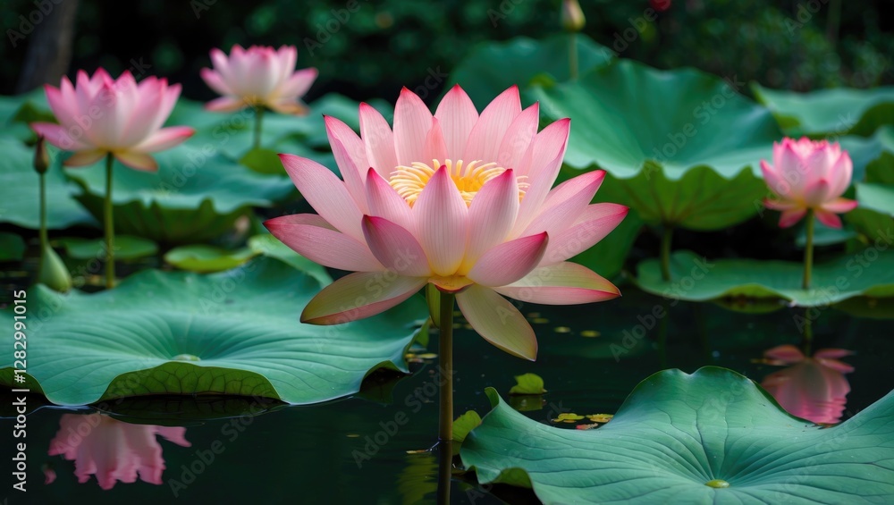 Pink lotus flowers blooming in a tranquil pond surrounded by green lily pads in a serene natural setting.