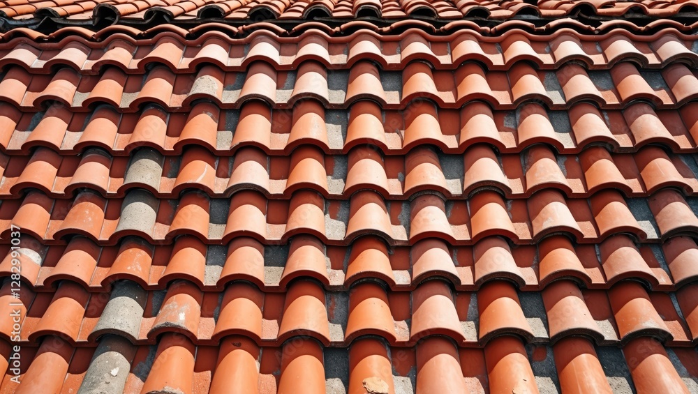 Clay roof tiles in a pattern showing texture and color variations on a building exterior surface in natural lighting. Clay roof tiles in a pattern showing texture and color variations on a building exterior surface in natural lighting.