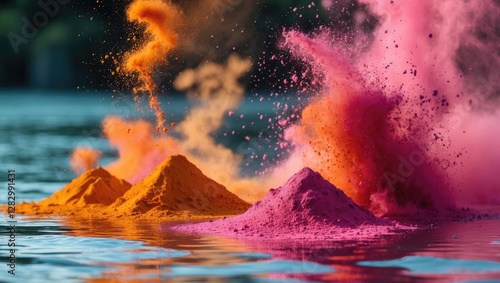 Vibrant colored powders of orange and pink splash into water creating a dynamic abstract scene of motion and color interplay. photo