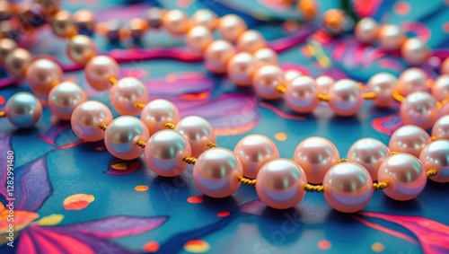 Elegant artificial pearl garland on vibrant floral background for interior decoration and design inspiration.