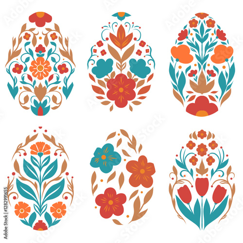 Vector festive set of Easter egg clip arts in folk art style. Collection of tracery decorative holiday eggs silhouettes. Spring treats with floral ornament isolated from background.