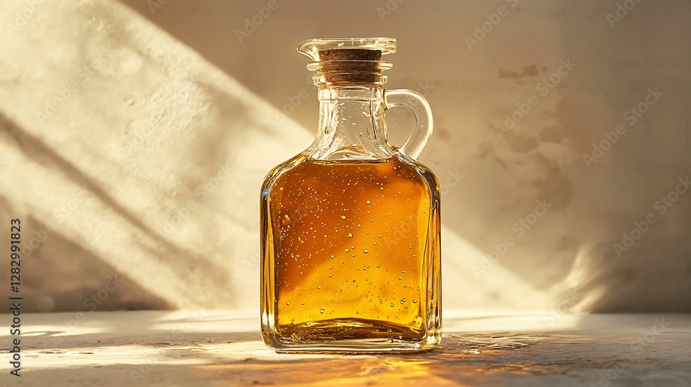 Elegant Glass Bottle of Golden Oil Against Soft Beige Background with Warm Natural Lighting Elegant Glass Bottle of Golden Oil Against Soft Beige Background with Warm Natural Lighting