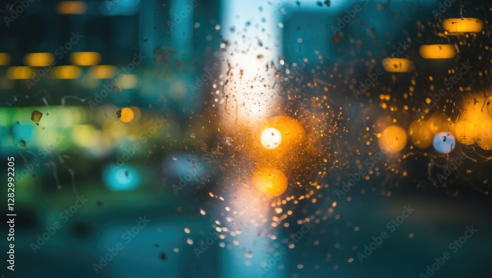 Fototapeta premium Abstract defocused bokeh lights illuminated through dirty building glass in an urban setting, creating a moody atmospheric background.
