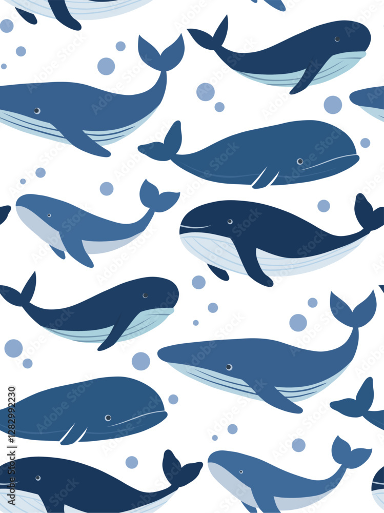 Naklejka premium Vector flat seamless pattern with blue hand drawn whales with bubbles on white background. Background with fish in childish style for wallpaper and fabric