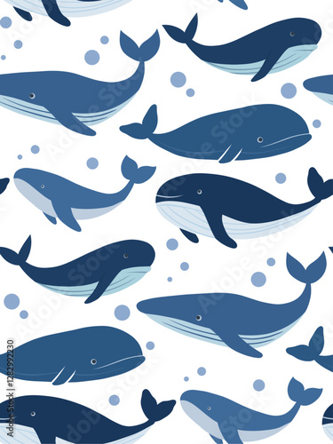 Vector flat seamless pattern with blue hand drawn whales with bubbles on white background. Background with fish in childish style for wallpaper and fabric