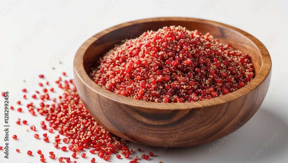Red quinoa grains in a wooden bowl with some spilling out on a white surface Red quinoa grains in a wooden bowl with some spilling out on a white surface