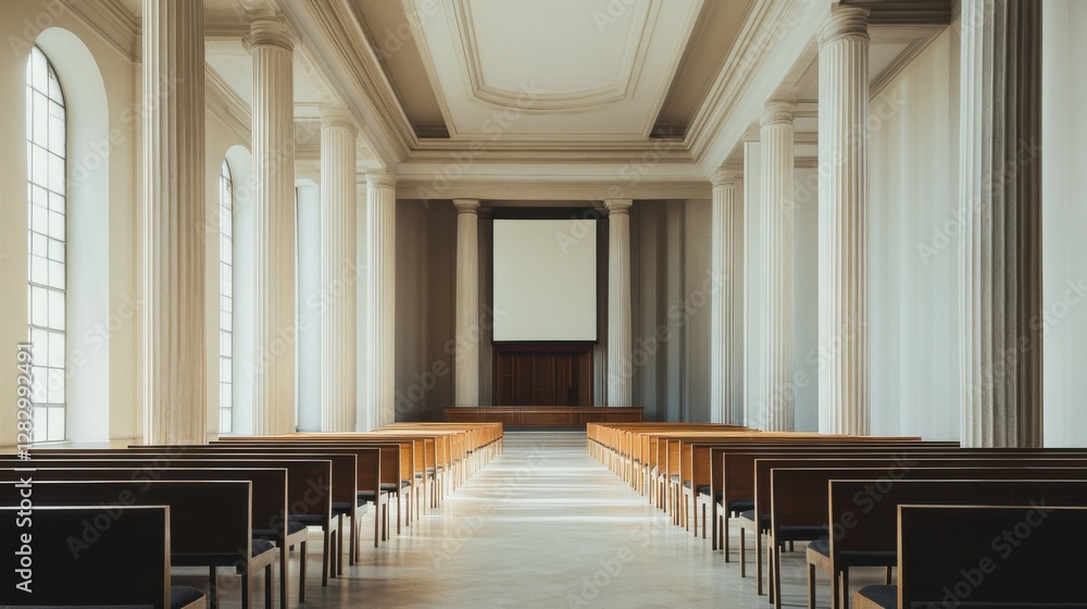 Fototapeta premium A legislative hall with minimalistic design and tall columns. Featuring authority and simplicity