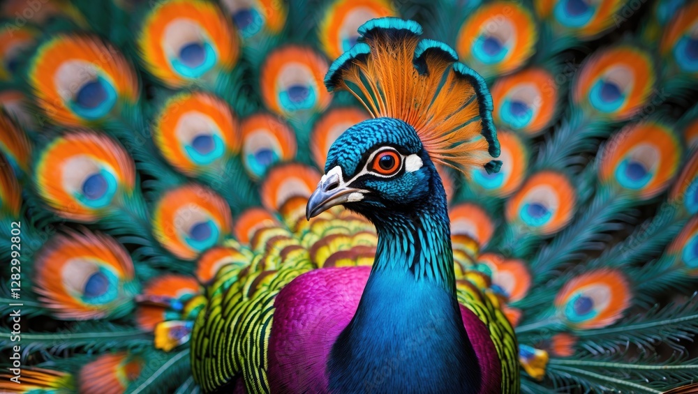 Vibrantly colored peacock with fanned tail displaying intricate eye-patterned feathers against a blurred colorful background Vibrantly colored peacock with fanned tail displaying intricate eye-patterned feathers against a blurred colorful background