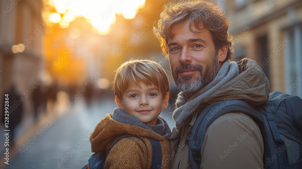 Obraz premium Father and son share a joyful moment on a city street during sunset in autumn
