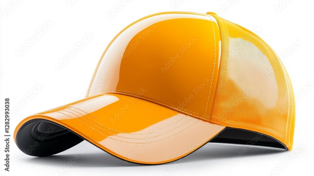 Fototapeta premium Glossy yellow cap with sleek finish and a curved brim isolated on a white background. Generative AI