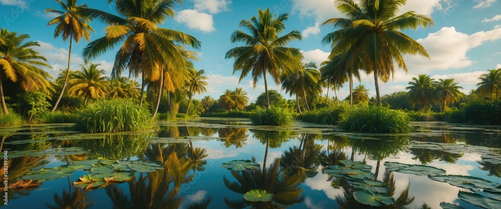 Obraz premium Tranquil reflections of coconut palm trees and sky on a serene lily pond showcasing vibrant greenery and bright blue skies.
