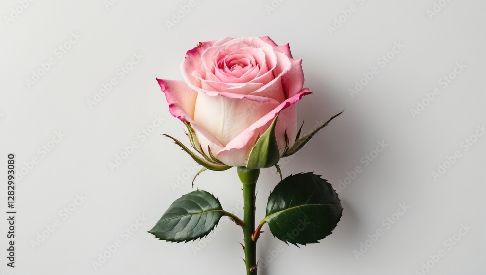 Pink rose with green leaves on a white background single stem flower arrangement natural beauty close-up photography Pink rose with green leaves on a white background single stem flower arrangement natural beauty close-up photography